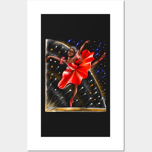 Ballet, African American black ballerina in red pointe shoes, dress and crown 3 in red tutu and red shoes  - brown skin ballerina Wall Art by Artonmytee